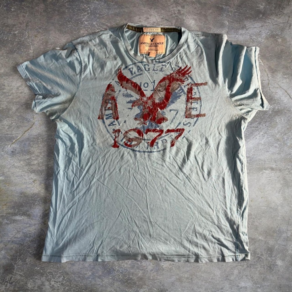 American Eagle Y2K Blue Eagle Graphic T-Shirt Large 1977 Distressed Mens L